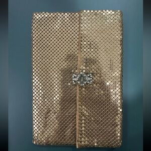 Vintage 1950s Whiting & Davis gold metal mesh evening clutch rhinestone Clasp